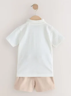 Wit - Set van poloshirt met textuur en korte mouwen en shorts (3 mnd - 7 jr)