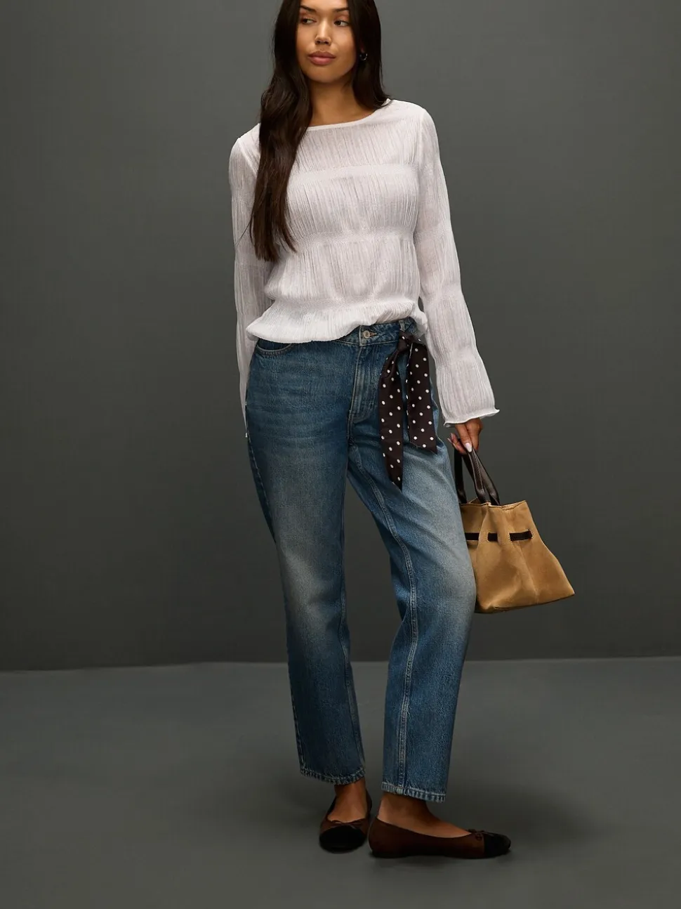Wit - Shirred Long Sleeve Crew Neck Top