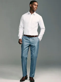 Wit - Slim Fit - Eenvoudig te strijken slim fit overhemd met textuur en dubbele manchetten