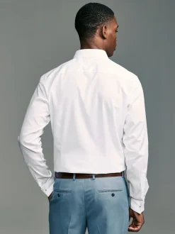 Wit - Slim Fit - Eenvoudig te strijken slim fit overhemd met textuur en dubbele manchetten
