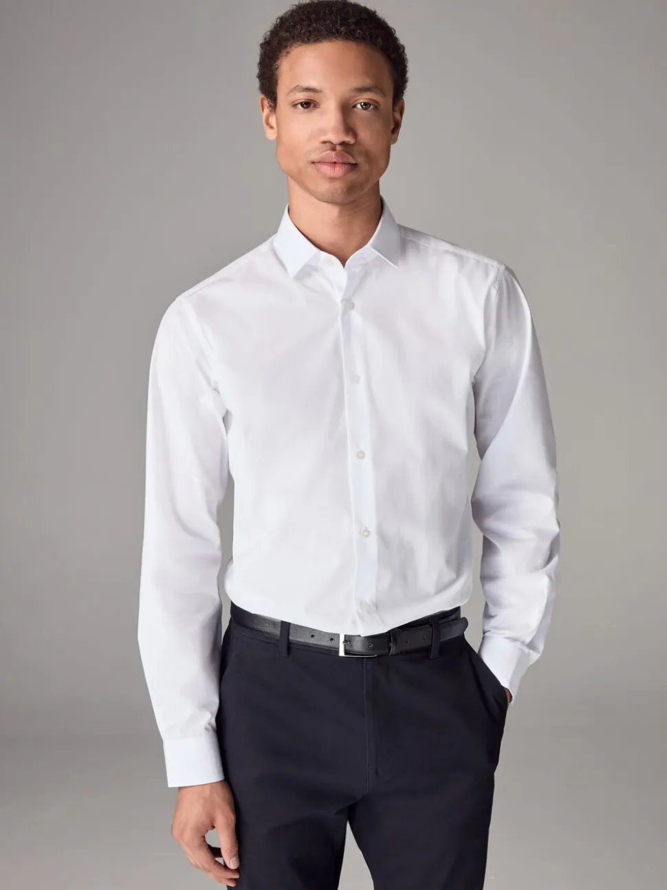 Wit - Slim Fit - Strijkvrij net overhemd met enkele manchet