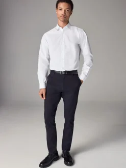 Wit - Slim Fit - Strijkvrij net overhemd met enkele manchet