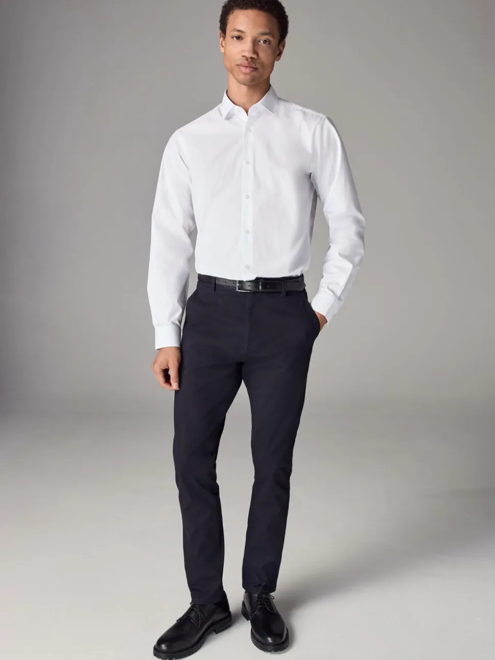 Wit - Slim Fit - Strijkvrij net overhemd met enkele manchet