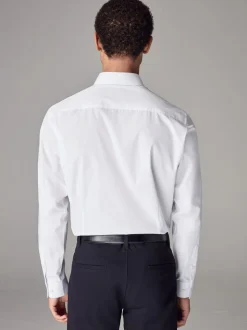 Wit - Slim Fit - Strijkvrij net overhemd met enkele manchet
