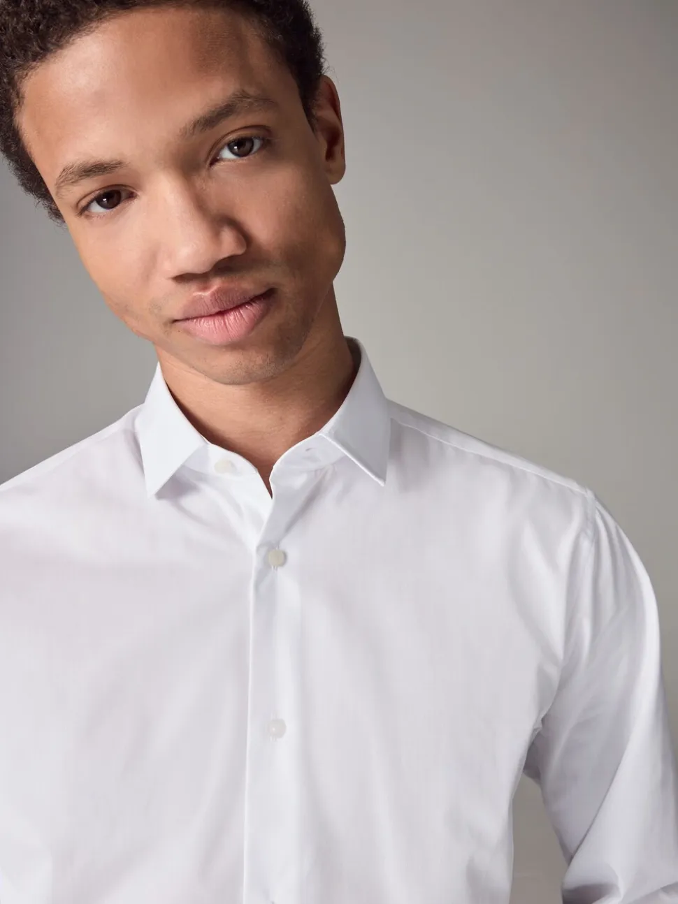 Wit - Slim Fit - Strijkvrij net overhemd met enkele manchet