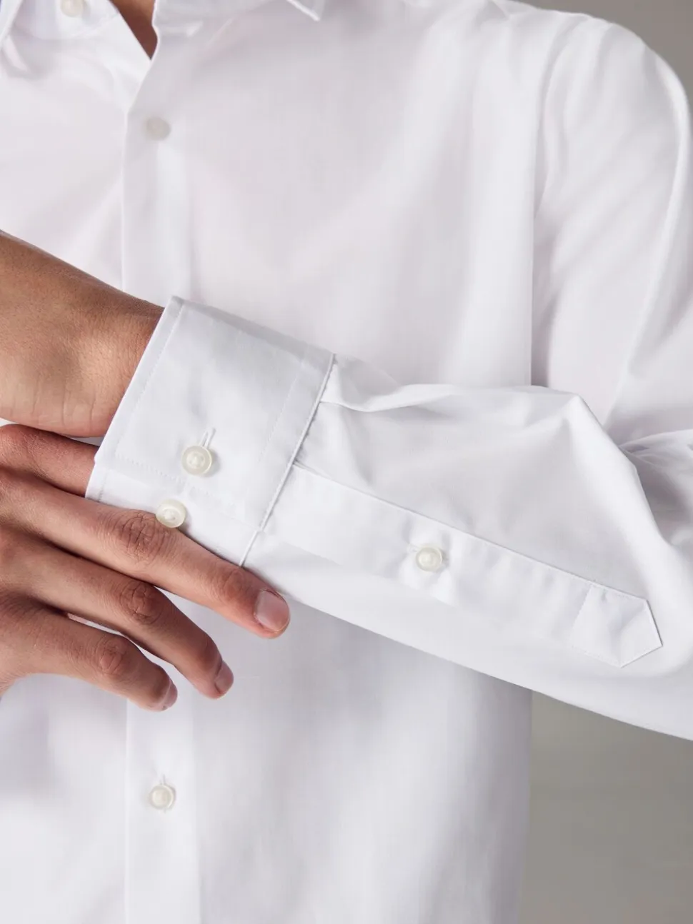 Wit - Slim Fit - Strijkvrij net overhemd met enkele manchet