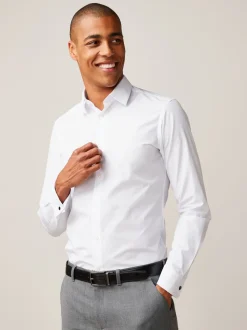 Wit - Slim Fit - Strijkvrij net overhemd met dubbele manchet