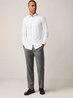 Wit - Slim Fit - Strijkvrij net overhemd met dubbele manchet