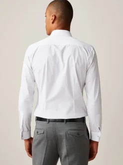 Wit - Slim Fit - Strijkvrij net overhemd met dubbele manchet