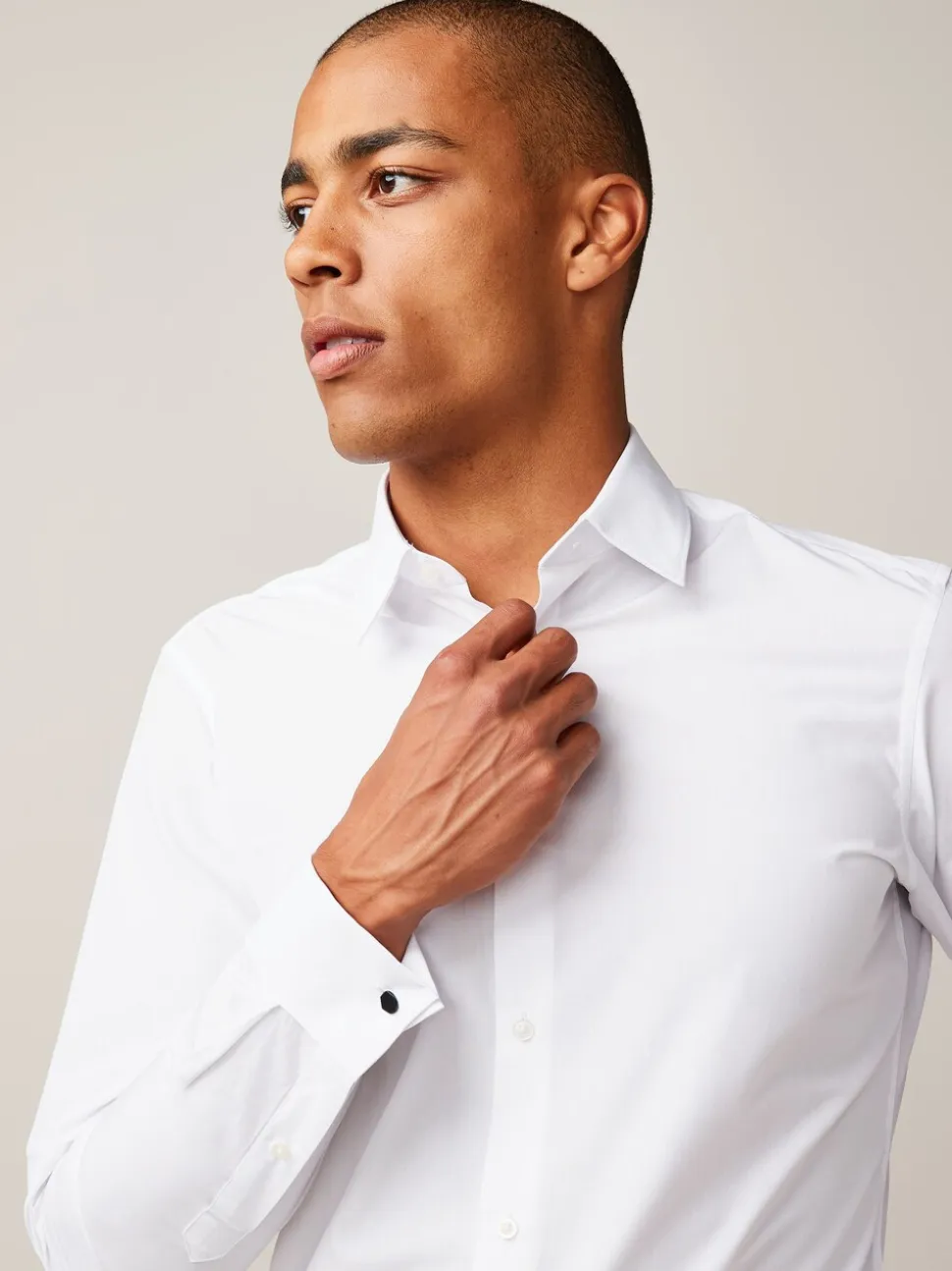 Wit - Slim Fit - Strijkvrij net overhemd met dubbele manchet