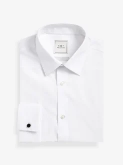Wit - Slim Fit - Strijkvrij net overhemd met dubbele manchet