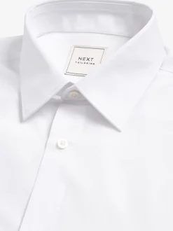Wit - Slim Fit - Strijkvrij net overhemd met dubbele manchet
