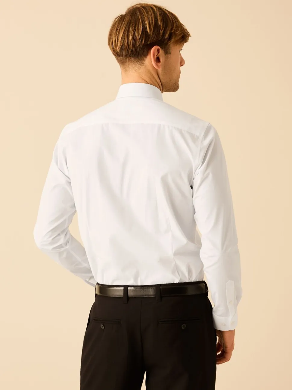 Wit - Slim fit, eenvoudig te strijken, net Oxford-overhemd met kraaglusje en enkele manchetten