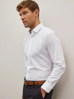 Wit - Strakke Pasvorm - Onderhoudsvriendelijk, getextureerd, slim fit overhemd met enkele manchet