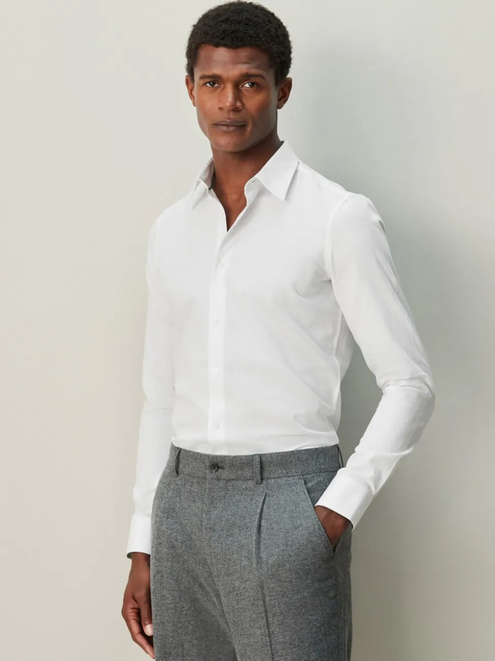 Wit - Strakke Pasvorm - Textured Long Sleeve Formal Shirt with Trim