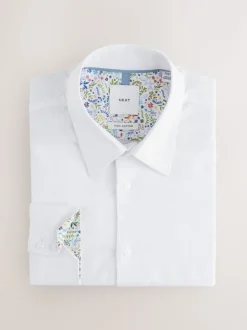 Wit - Strakke Pasvorm - Textured Long Sleeve Formal Shirt with Trim