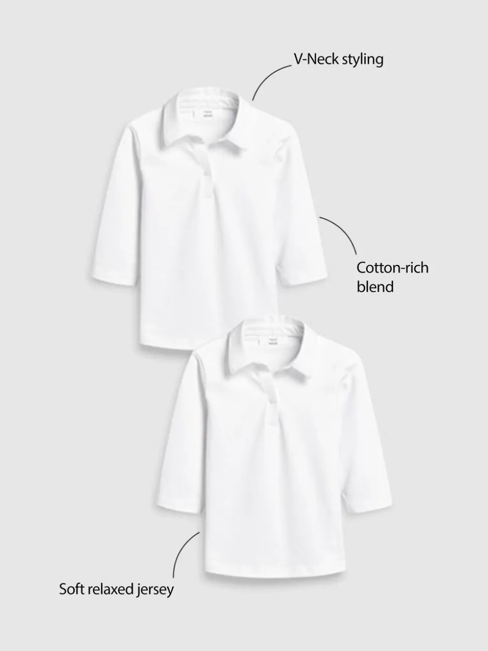 Wit - Verpakking van 2 katoenen jersey schoolblouses met stretch en 3/4-mouwen (3-16 jr)