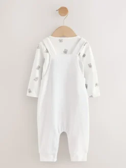 Wit met berenprint - Velours babyset met bretelbroek en rompertje (0-12mnd)