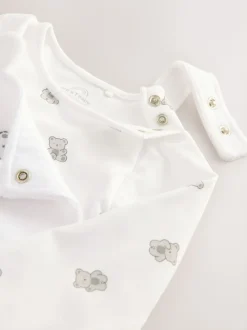 Wit met berenprint - Velours babyset met bretelbroek en rompertje (0-12mnd)