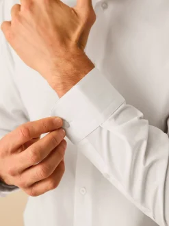 Wit met ronde kraag - Strijkvrij net overhemd met enkele manchet