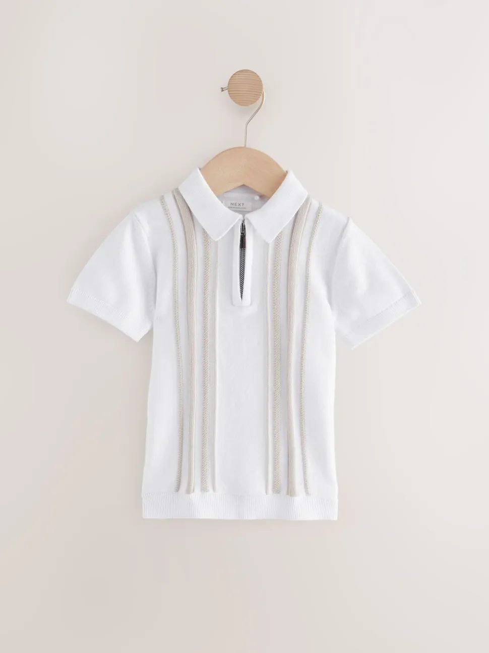 Wit met verticale strepen - 100% katoenen gebreid poloshirt met rits bij de hals (3mnd-7jr)