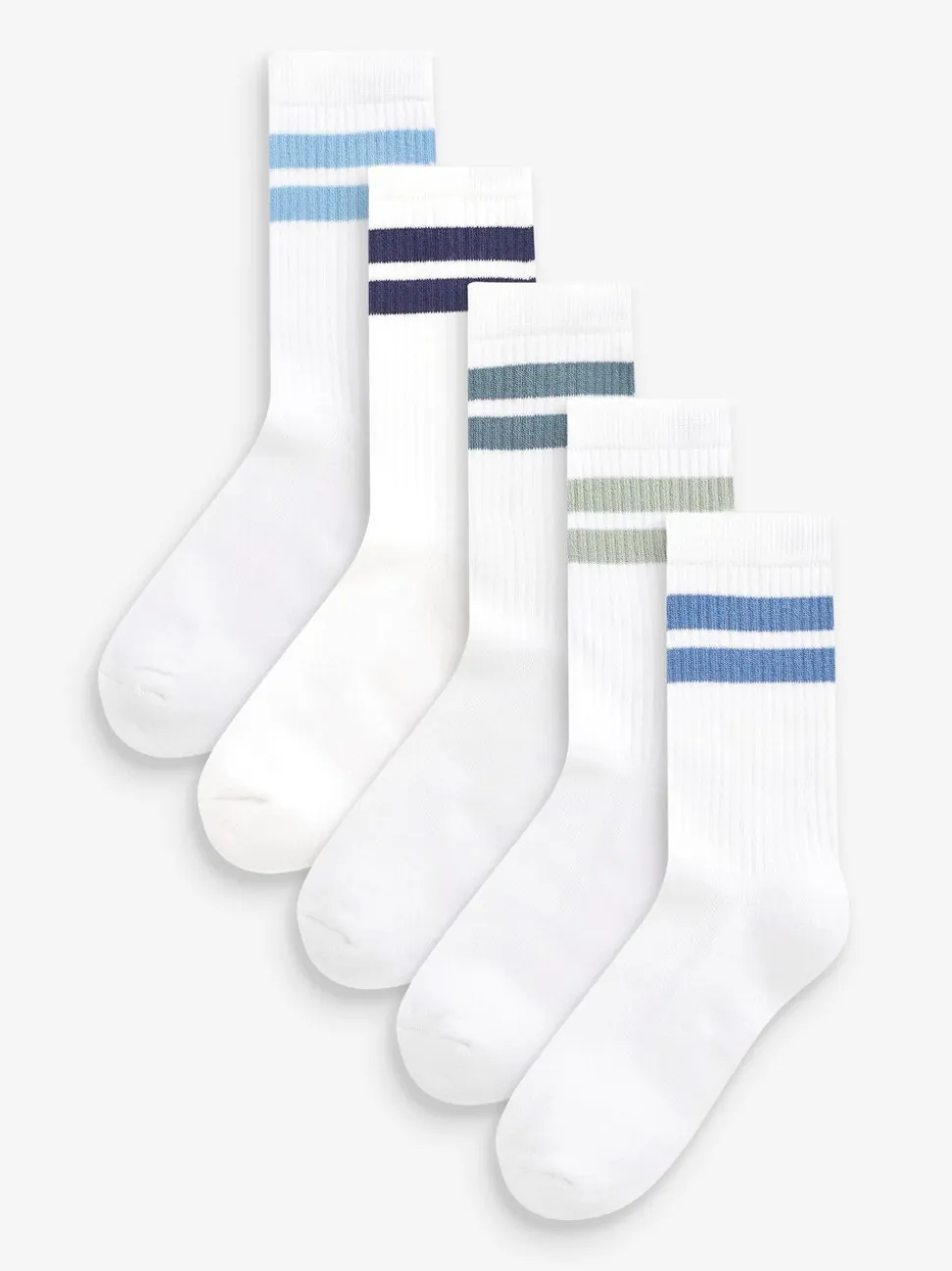 Wit/blauw - Set van 5 paar geribbelde sokken met verzacht voetbed, katoengehalte en gekleurde boorden