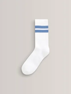 Wit/blauw - Set van 5 paar geribbelde sokken met verzacht voetbed, katoengehalte en gekleurde boorden
