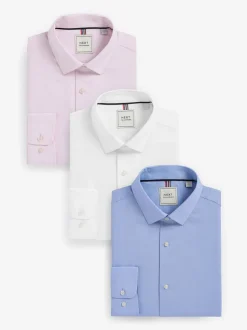Wit/blauw - Slim Fit Easy Care Textured Single Cuff Smart Shirts 3 Pack