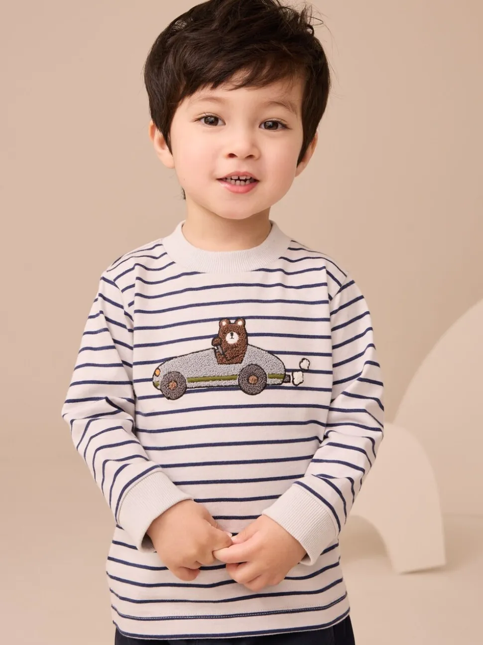 Wit/blauw gestreepte berenauto - T-shirt met applicatie en lange mouwen (3 mnd-7 jr)
