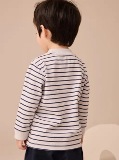 Wit/blauw gestreepte berenauto - T-shirt met applicatie en lange mouwen (3 mnd-7 jr)