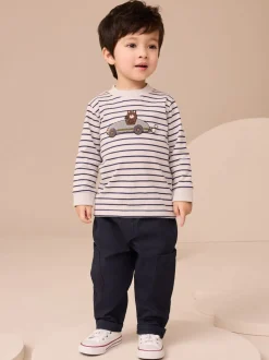 Wit/blauw gestreepte berenauto - T-shirt met applicatie en lange mouwen (3 mnd-7 jr)