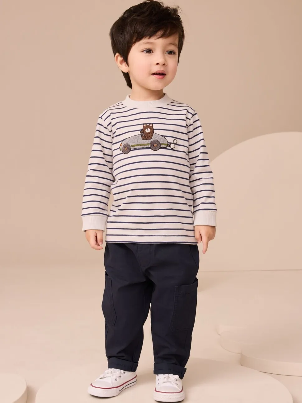 Wit/blauw gestreepte berenauto - T-shirt met applicatie en lange mouwen (3 mnd-7 jr)