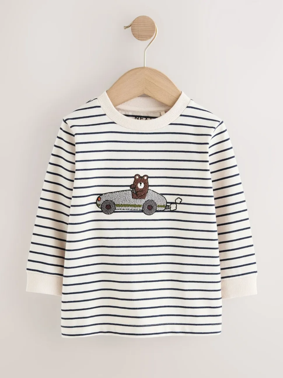 Wit/blauw gestreepte berenauto - T-shirt met applicatie en lange mouwen (3 mnd-7 jr)