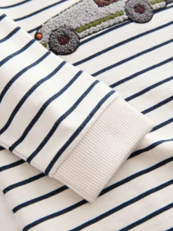 Wit/blauw gestreepte berenauto - T-shirt met applicatie en lange mouwen (3 mnd-7 jr)