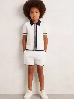 Wit/marineblauw - Reiss Barbor Tipped Knit Stitch-Detail Shorts