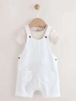 Wit/neutraal - Babyset van geweven tuinbroek en gestreepte romper (0mnd-2jr)