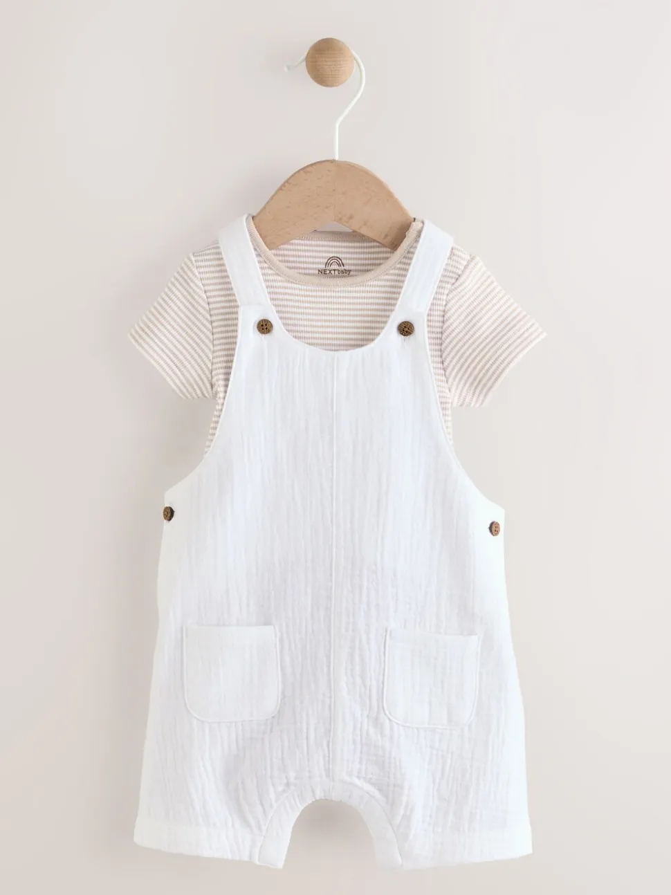 Wit/neutraal - Babyset van geweven tuinbroek en gestreepte romper (0mnd-2jr)