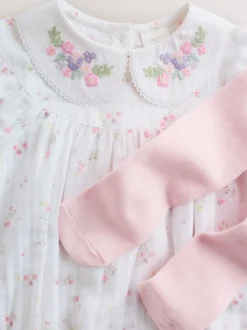 Wit/roze met fijne print - Babyrompers met bloemenprint Set 2 -delig met maillot (0mnd -3jr)