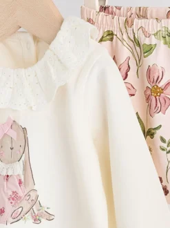 Wit/roze/konijn/bloemenprint - Set met lange mouwen en legging voor baby's (0mnd-2jr)