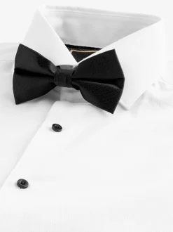 Witte structuur/zwarte vlinderdas - Slim Fit - Set van overhemd met enkele manchet en een vlinderstrik