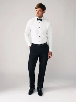 Witte structuur/zwarte vlinderdas - Slim Fit - Set van overhemd met enkele manchet en een vlinderstrik