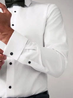 Witte structuur/zwarte vlinderdas - Slim Fit - Set van overhemd met enkele manchet en een vlinderstrik