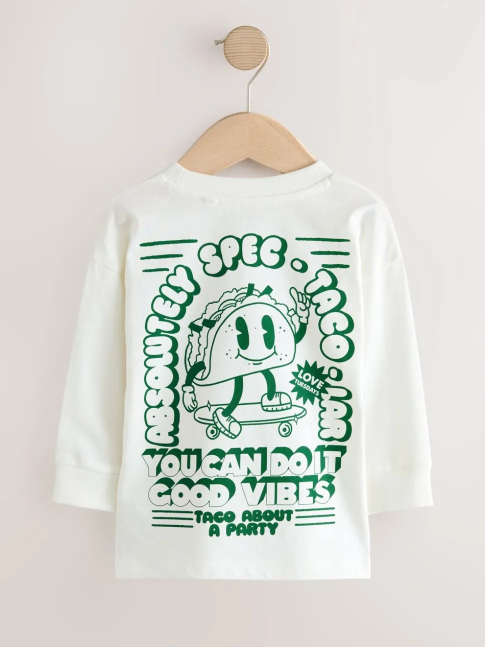 Witte/Groene Taco - T-shirt met lange mouwen en print op de rug (3mnd -8jr)