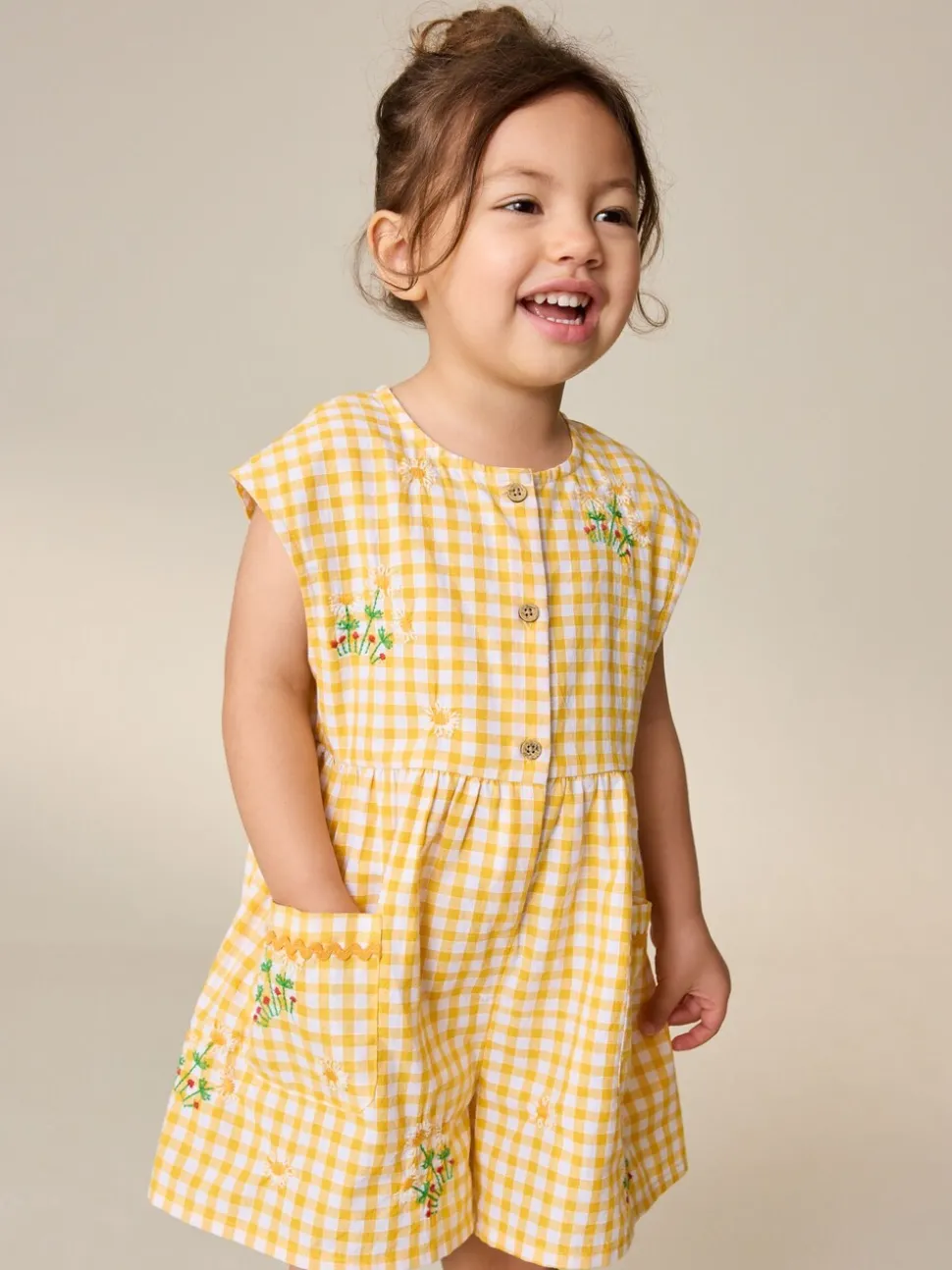 Yellow Gingham Embroidered - Sleeveless Playsuit (3mths-7yrs)