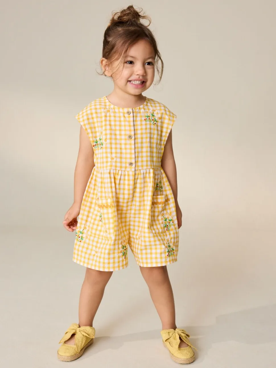 Yellow Gingham Embroidered - Sleeveless Playsuit (3mths-7yrs)