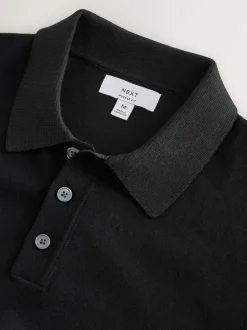 Zwart - Aansluitend - Gebreid poloshirt met hoog katoengehalte en korte mouwen