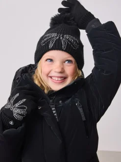 Zwart - Baker by Ted Baker - Set van gebreide muts met strik, pompon en handschoenen met siersteentjes voor meisjes