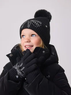 Zwart - Baker by Ted Baker - Set van gebreide muts met strik, pompon en handschoenen met siersteentjes voor meisjes
