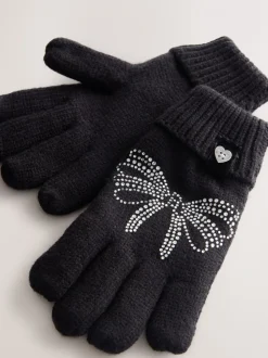 Zwart - Baker by Ted Baker - Set van gebreide muts met strik, pompon en handschoenen met siersteentjes voor meisjes