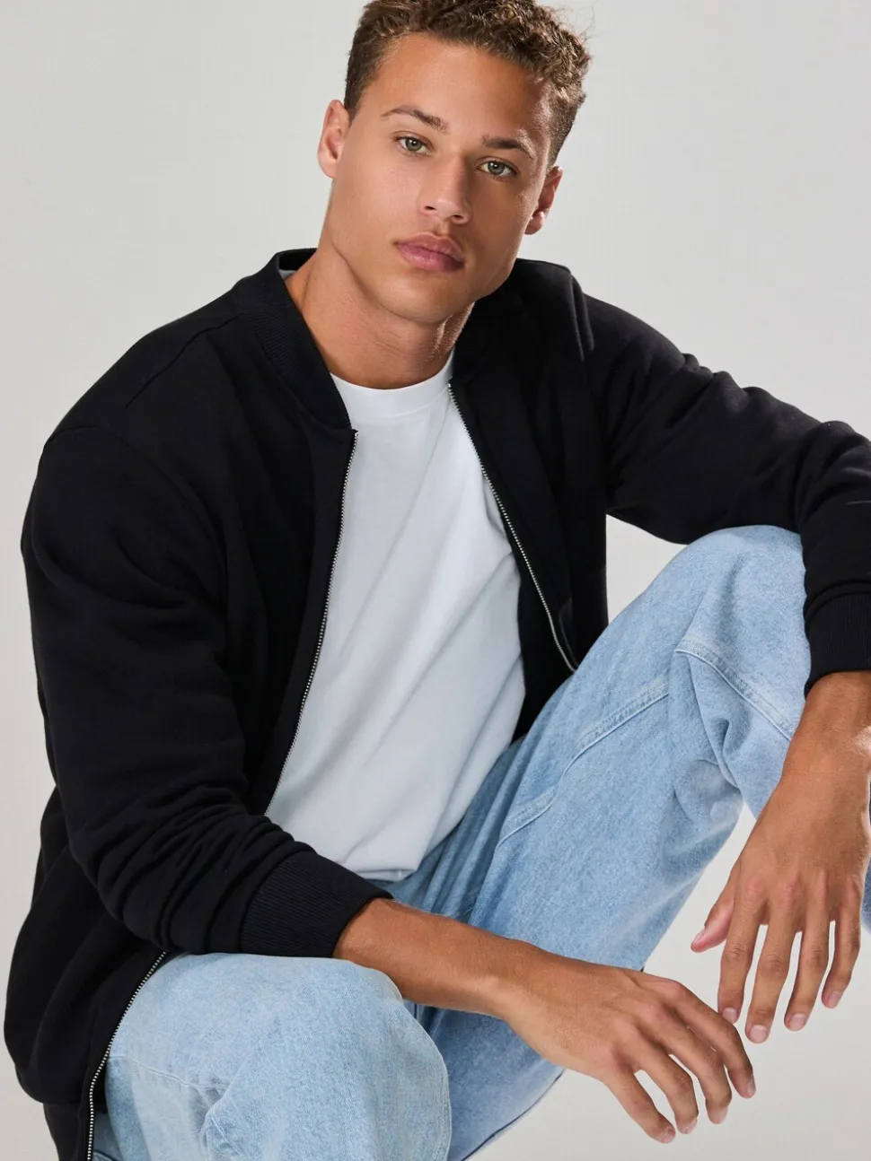 Zwart - Cotton Rich Full Zip Jersey Bomber Jacket